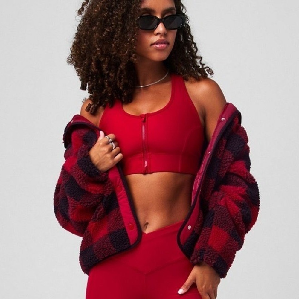 Fabletics Tahoe  Red Black Buffalo Plaid Fleece Teddy Jacket‎ Size Small
